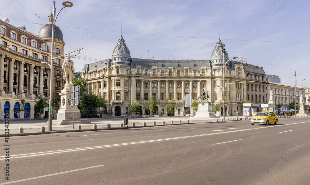 The beautiful University Square in the Lipscani district of Bucharest, Romania, on a sunny day