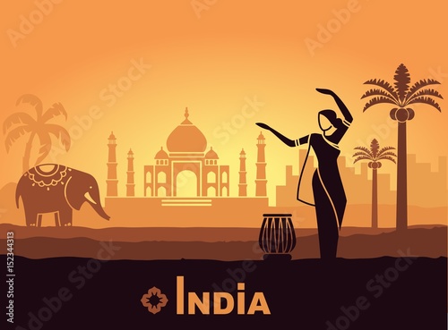 Stylized landscape of India with the Taj Mahal, an elephant and a dancer. Vector background