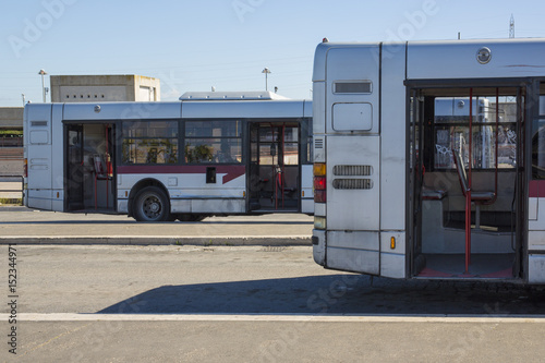 Photography Two buses empty at the the Anagnina Metro stop station in Rome on May 2017
