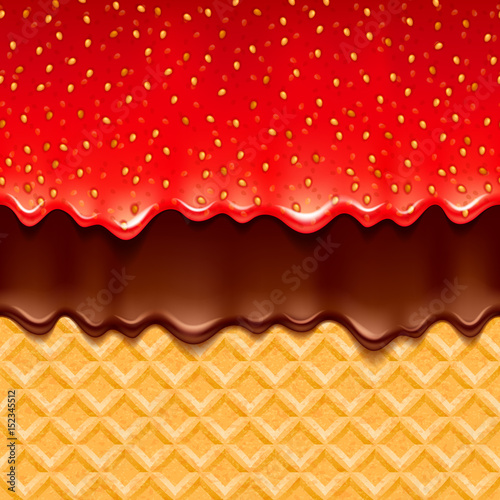 Wafer and strawberry jam and chocolate - vector background.