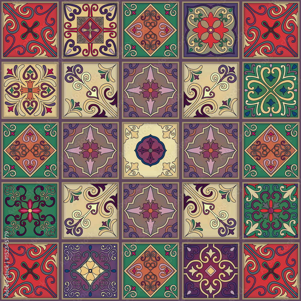 Seamless pattern with portuguese tiles in talavera style. Azulejo, moroccan, mexican ornaments.