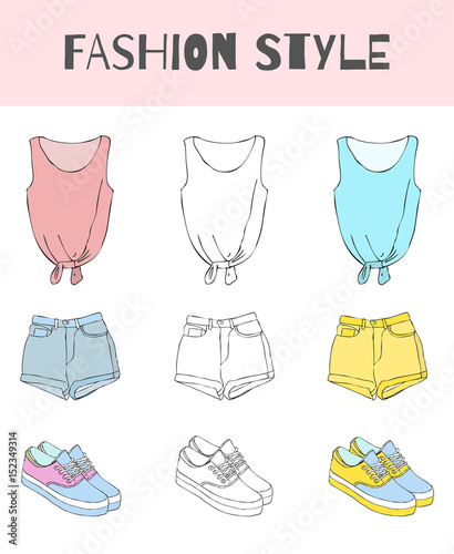 Hand drawn collection of summer fashion clothes for your design in doodle style