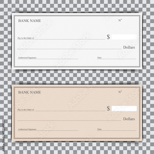 Set of blank bank check with shadow on a transparent background