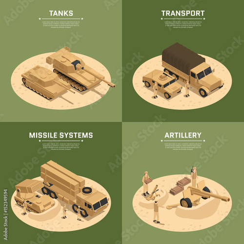 Square Military Vehicles Isometric Icon Set