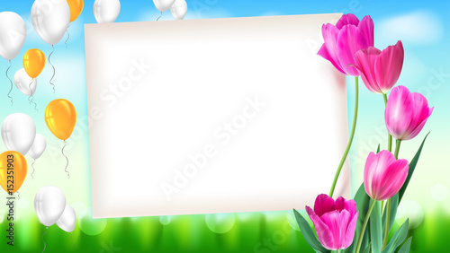 Greeting card with tulips around the sheet of paper with flying inflatable balloons. Realistic summer backdrop with green grass, festive composition. Template for your creativity, greeting card.