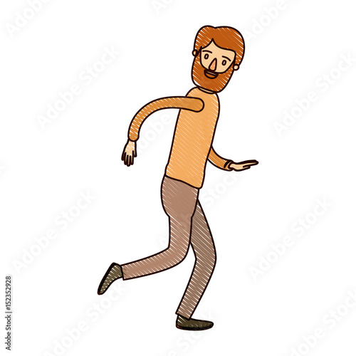 color crayon stripe cartoon full body man with beard and moustache running vector illustration
