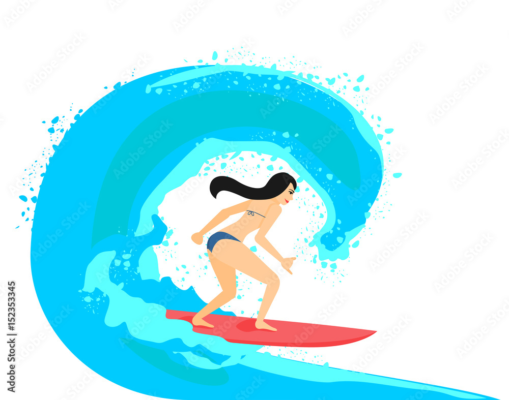 Vector illustration of beautiful brunette surfer woman riding on surfboard