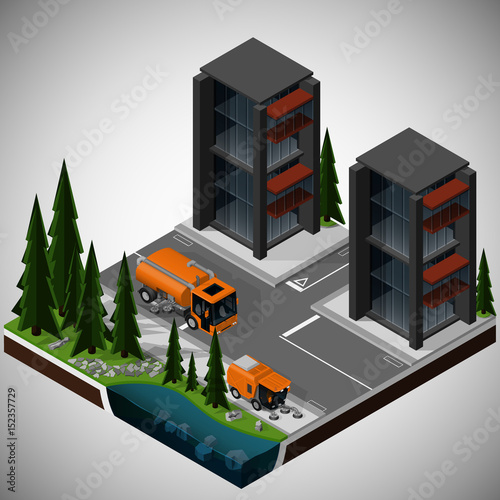 Vector isometric illustration of an element of urban infrastructure. Sidewalk-sweeping machines clean the roadway and sidewalks.
