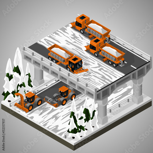 Vector isometric illustration of an element of urban infrastructure. Snowplow machines clears snow from the road interchange. Equipment for maintenance of urban infrastructure. 