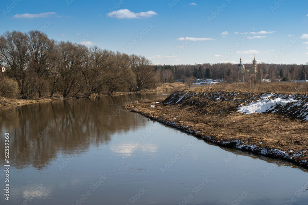 River and church in Moscow Region, Russia, april River and church in Moscow Region, Russia, april