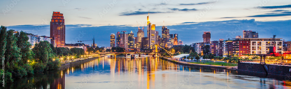 Frankfurt am Main skyline panorama at sunset, Germany