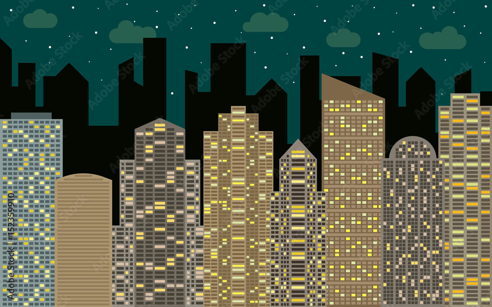 Night urban landscape. Street view with cityscape, skyscrapers and modern buildings at sunny day. City space in flat style background concept.
