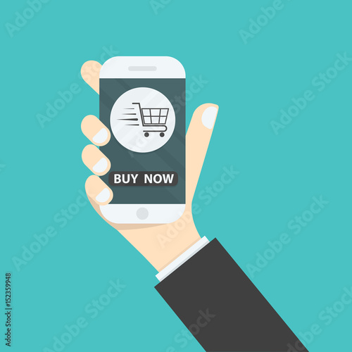 Businessman hand and online shopping website on smart phone.Online shopping application on smart phone.Advertising campaign symbol.Online shopping and e-commerce icon concept