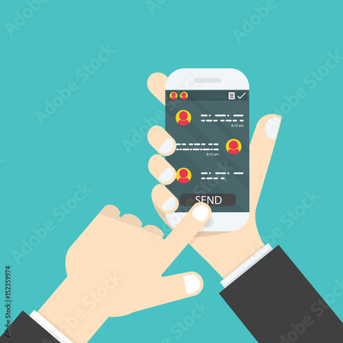 Hand holding mobile phone.Social network concept.Messenger window.Chating,line and messaging concept.Vector illustration.