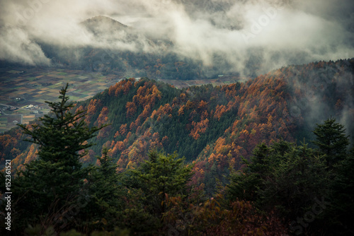 Autumn forest with low cloud and fog in the mountain with Vacation text photo