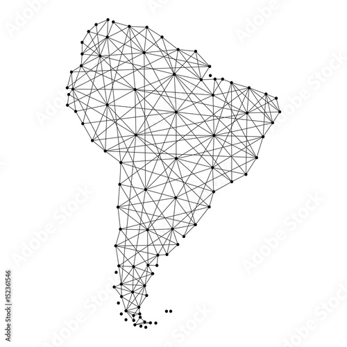 Map of South America from polygonal black lines and dots of vector illustration