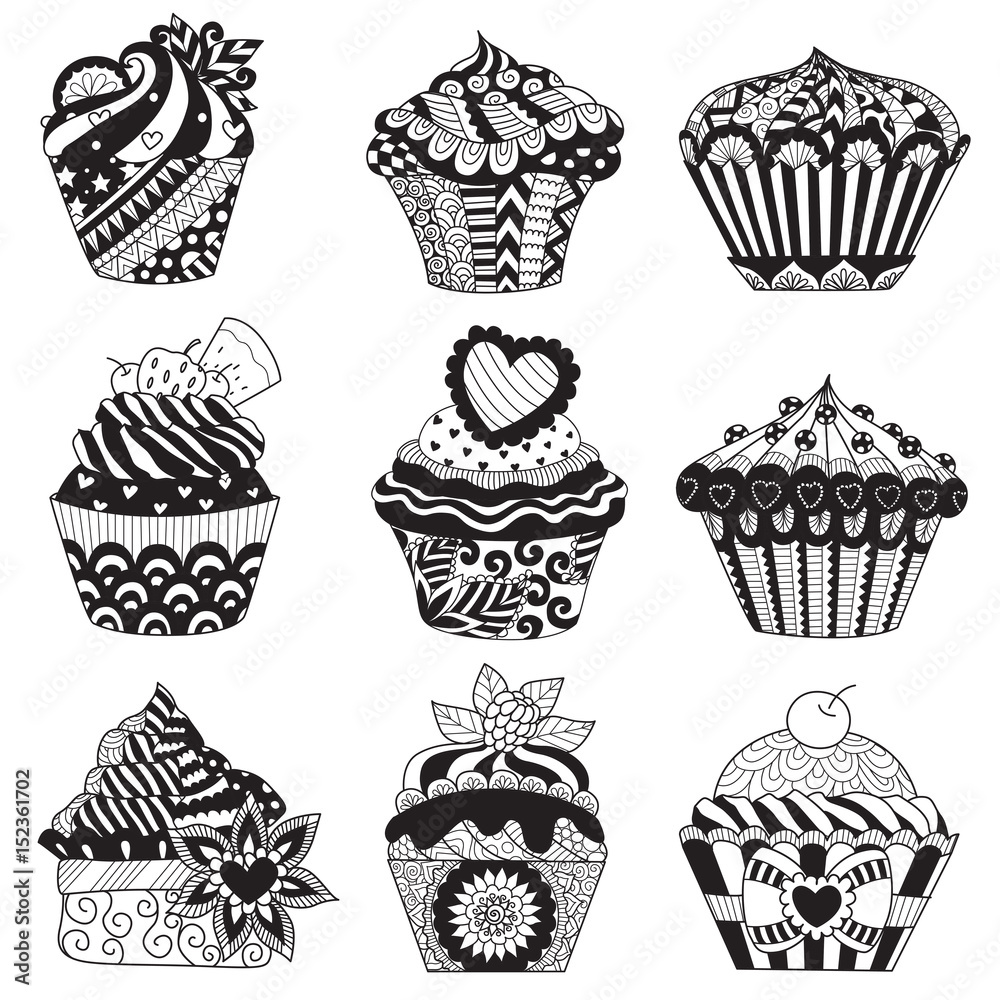 Zentangle stylize of nine beautiful cupcakes for design element, logo,  tattoo, printed design and adult coloring book pages. Stock Vector Stock  Vector | Adobe Stock