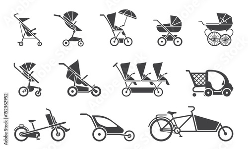 Vector illustration of baby strollers. Set of various baby strollers and other types of baby rides.