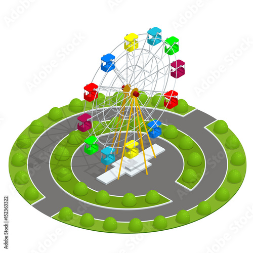 Isometric Amusement park with ferris wheel. Family Holiday Vacation concept. Flat vector illustration