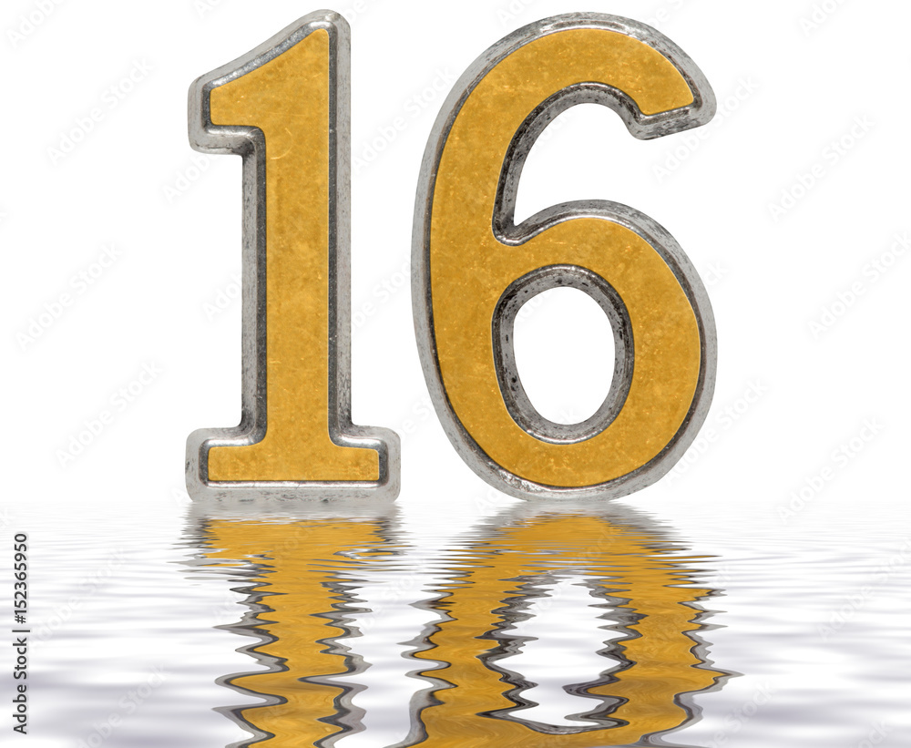 Numeral 16, sixteen, reflected on the water surface, isolated on white, 3d render Numeral 16, sixteen, reflected on the water surface, isolated on white, 3d render