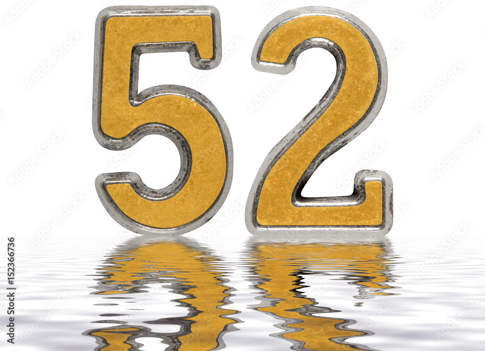 Numeral 52, fifty two, reflected on the water surface, isolated on white, 3d render Numeral 52, fifty two, reflected on the water surface, isolated on white, 3d render