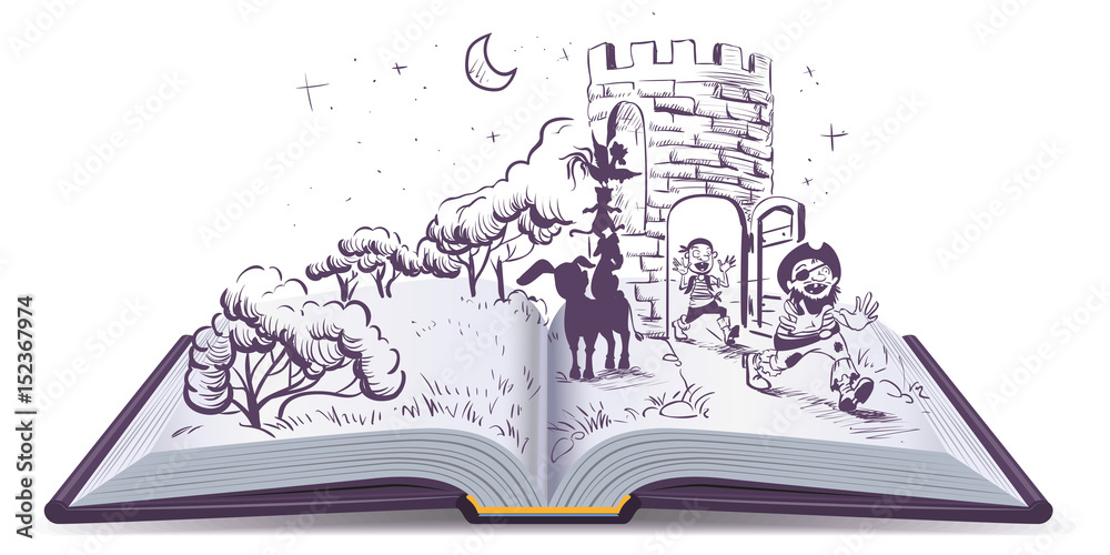 Naklejka premium Open book illustration Tale of Bremen musicians