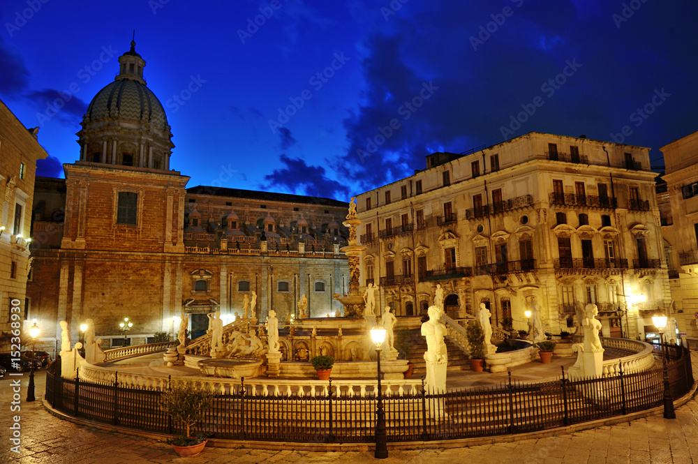 Famous baroque Fountain of shame on Piazza Pretoria, Palermo, Sicily, Italy