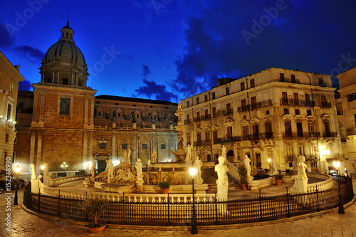 Famous baroque Fountain of shame on Piazza Pretoria, Palermo, Sicily, Italy