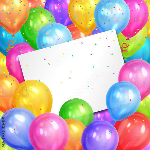 Border of realistic colorful helium balloons and white sheet. Party decoration frame for birthday, anniversary, celebration. Vector illustration.