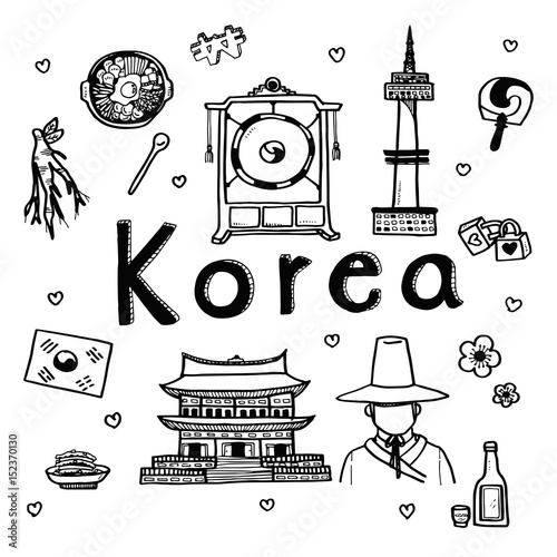 Vector doodle sketch travel and tourist attraction background for South Korea. Doodle art world travel collection design.