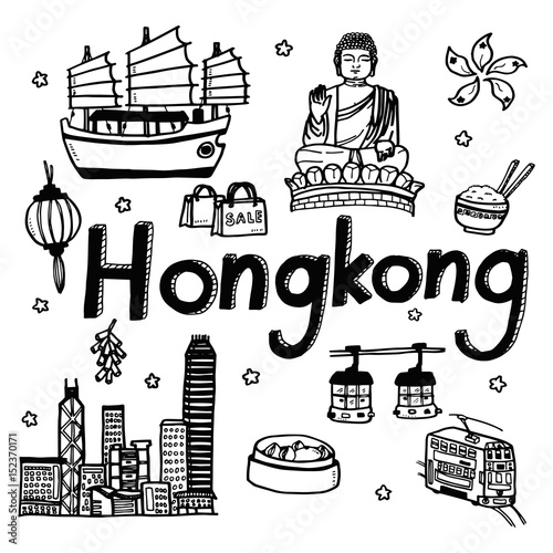 Vector template doodle sketch travel and tourist attraction background for Hongkong. Doodle art world travel collection design.