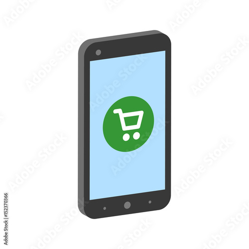 Smartphone with shopping cart, mobile shopping concept symbol. Flat Isometric Icon or Logo. 3D Style Pictogram for Web Design, UI, Mobile App, Infographic.
