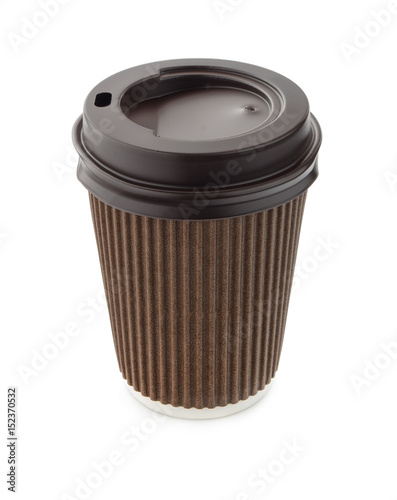 Brown paper coffee cup with cover isolated on white
