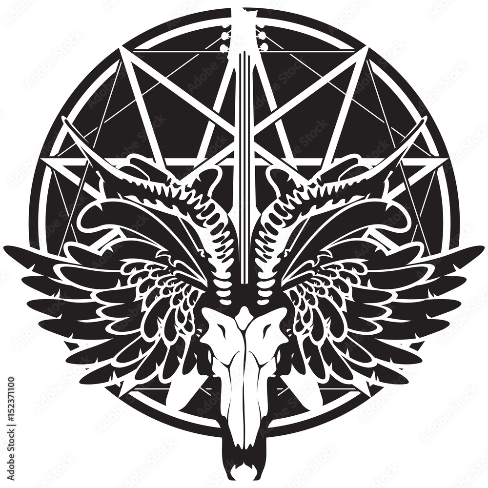 vector illustration with an electric guitar and skull of goat and wings on  the background of satan star Stock Vector | Adobe Stock