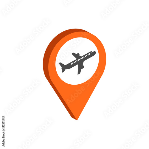 Map Pointer with Airplane symbol. Flat Isometric Icon or Logo. 3D Style Pictogram for Web Design, UI, Mobile App, Infographic.