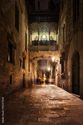 Photography Bridge in Gothic Quarter of Barcelona at Night in Catalonia, Spain, Europe