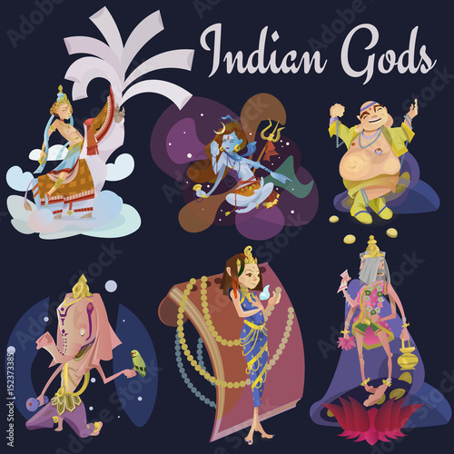 Set of isolated Indian Gods meditation in yoga poses lotus and Goddess hinduism religion, traditional asian culture spiritual mythology, deity worship festival vector illustrations, T-shirt concepts