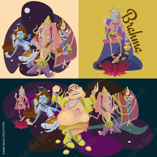 Set of isolated hindu gods meditation in yoga poses lotus and Goddess hinduism religion, traditional asian culture spiritual mythology, deity worship festival vector illustrations, T-shirt concepts
