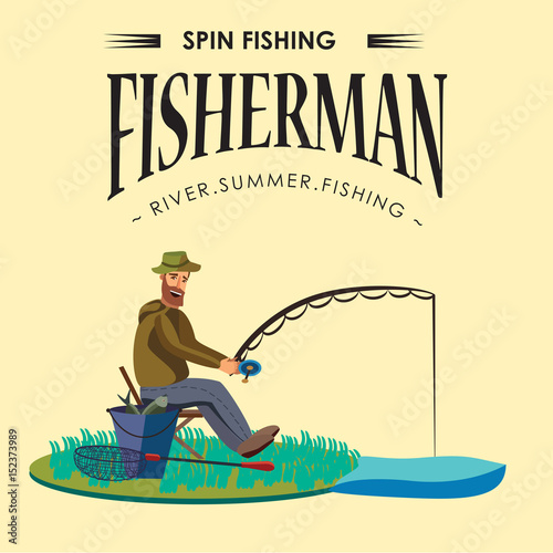 Flat fisherman hat sits on shore with fishing rod in hand and catches bucket and net, Fishman crocheted spin into the water and waiting big fish funny vector illustration, Man active banner concept