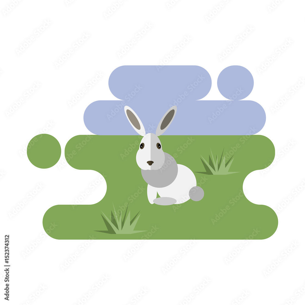 Obraz premium Flat cartoon rabbit icon on blue and green background