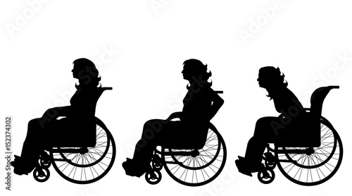 Vector silhouette of woman on wheelchair on white background.