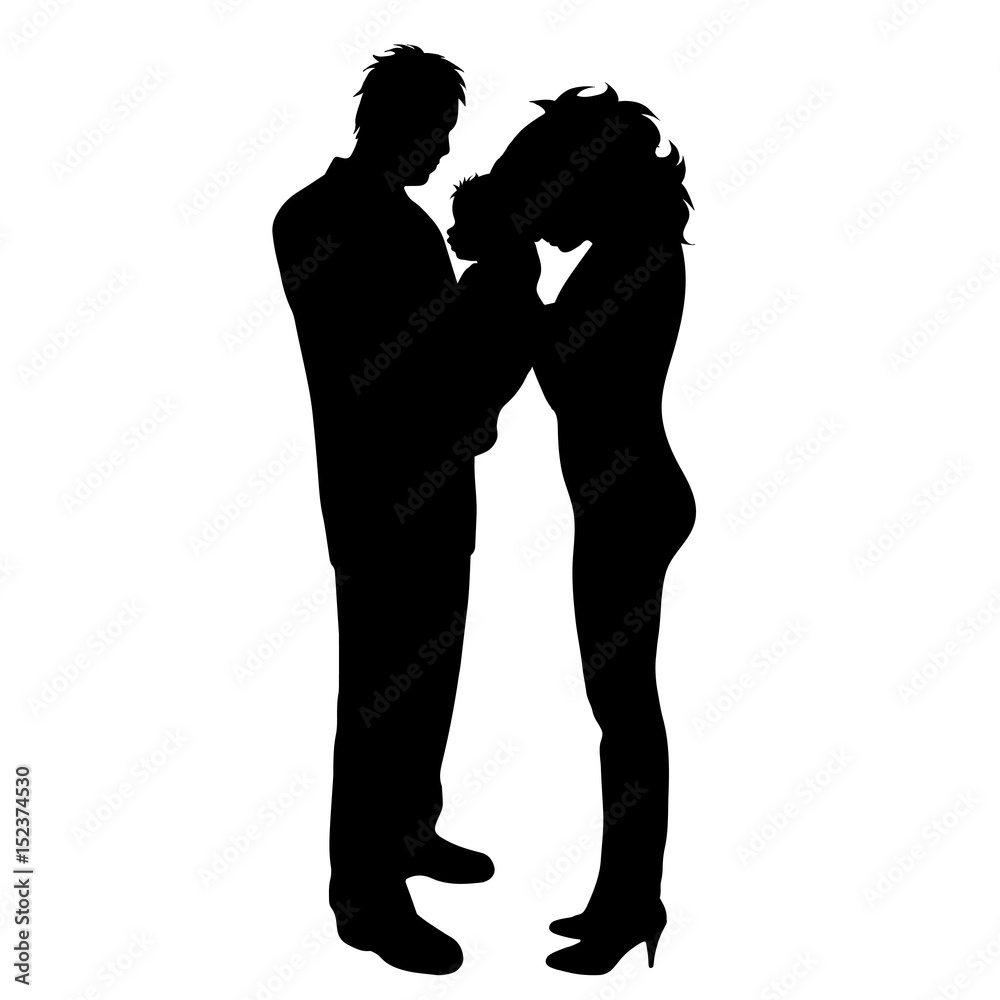 Vector silhouette of family with baby on white background.