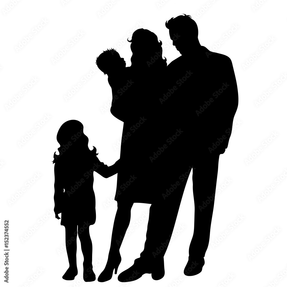 Vector silhouette of family with baby on white background.