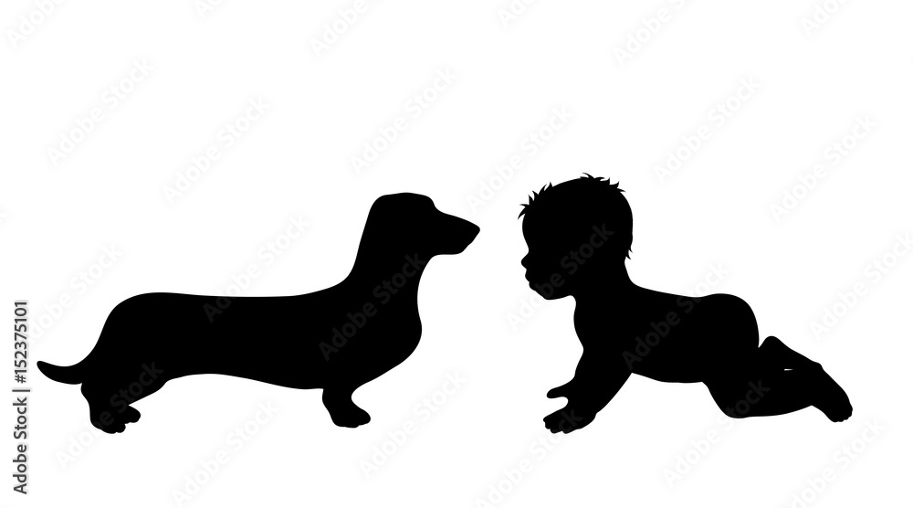 Vector silhouette of children with dog on white background.