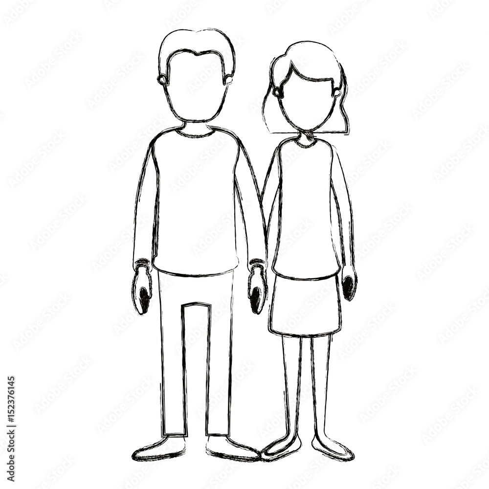 blurred silhouette cartoon full body faceless couple woman with wavy short hair in skirt and man in casual clothing vector illustration