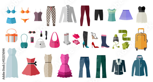 Set of women’s clothing and accessories. Fashion and style elements.