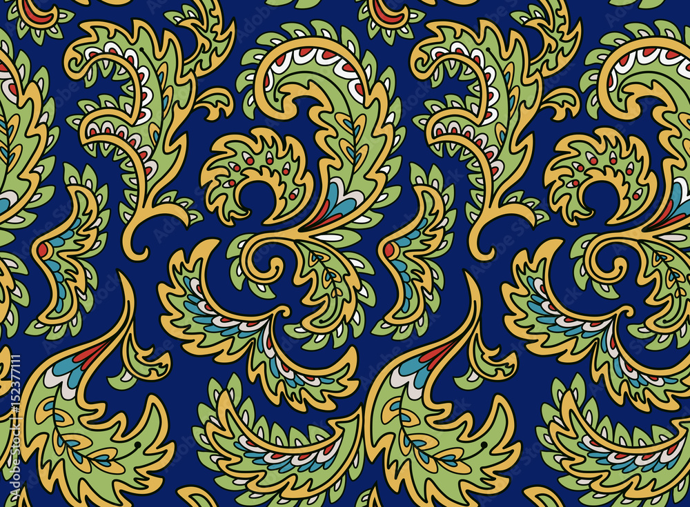 Vintage floral seamless pattern. Ethnic ornament. Stylized decorative leaves in folk style. Traditional handcraft. Seamless texture in bright colors on deep blue background