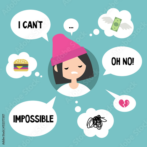 Modern communication concept: Unhappy girl surrounded by speaking and thinking bubbles / flat editable vector illustration