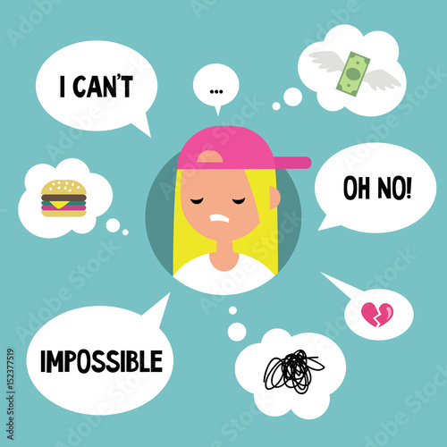 Modern communication concept: Unhappy blond girl surrounded by speaking and thinking bubbles / flat editable vector illustration