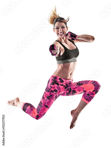 one caucasian woman exercising fitness boxing pilates piloxing excercises in studio isolated on white background photo